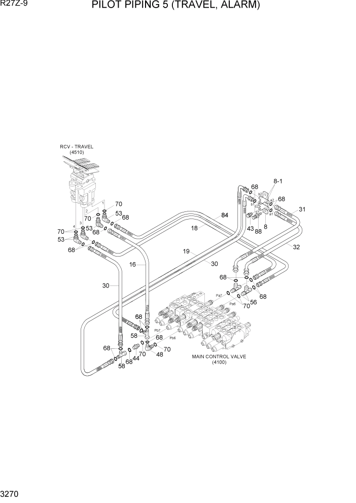 Схема запчастей Hyundai R27Z-9 - PAGE 3270 PILOT HYD PIPING 5 (TRAVEL, ALARM) ГИДРАВЛИЧЕСКАЯ СИСТЕМА