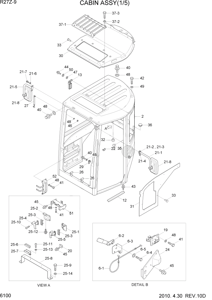 Схема запчастей Hyundai R27Z-9 - PAGE 6100 CABIN ASSY(1/5) СТРУКТУРА