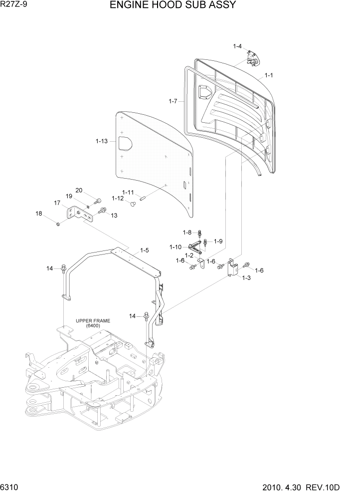 Схема запчастей Hyundai R27Z-9 - PAGE 6310 ENGINE HOOD SUB ASSY СТРУКТУРА