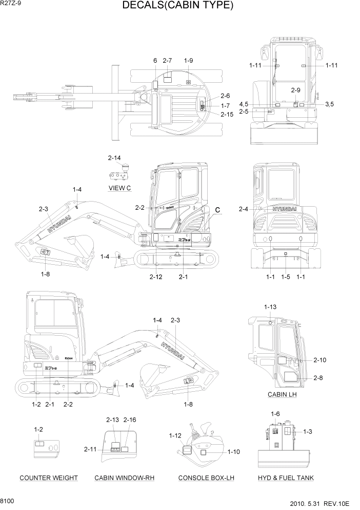 Схема запчастей Hyundai R27Z-9 - PAGE 8100 DECALS(CABIN TYPE) РАЗНОЕ