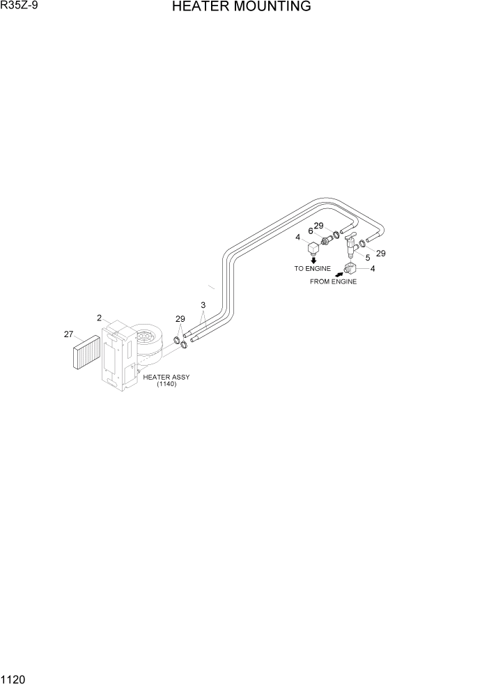 Схема запчастей Hyundai R35Z9 - PAGE 1120 HEATER MOUNTING СИСТЕМА ДВИГАТЕЛЯ