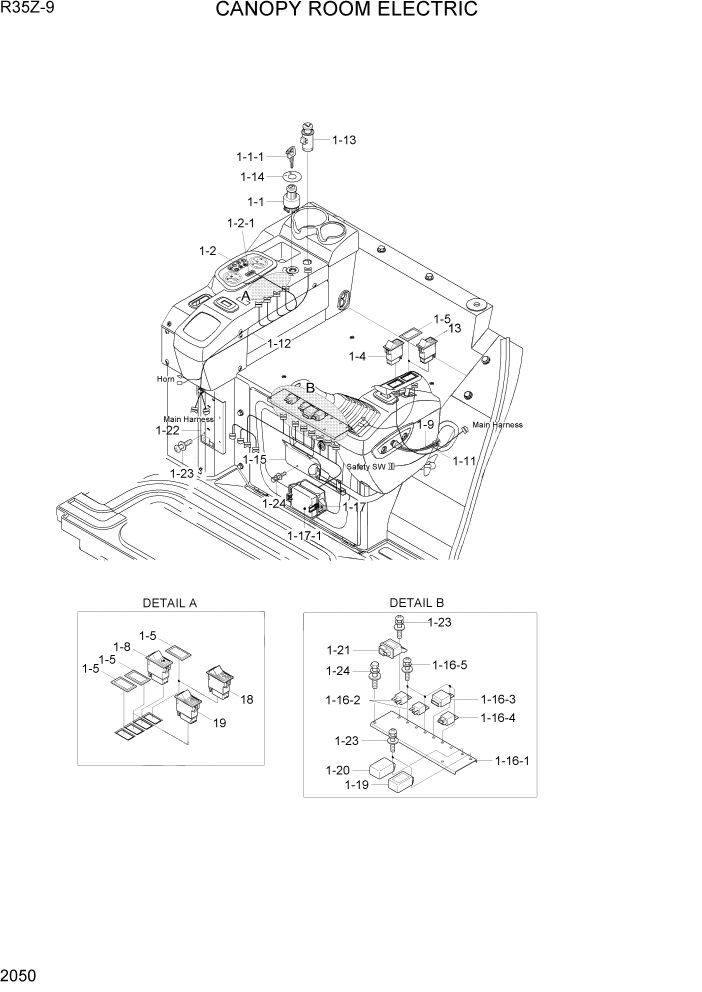 Схема запчастей Hyundai R35Z9 - PAGE 2050 CANOPY ROOM ELECTRIC ЭЛЕКТРИЧЕСКАЯ СИСТЕМА