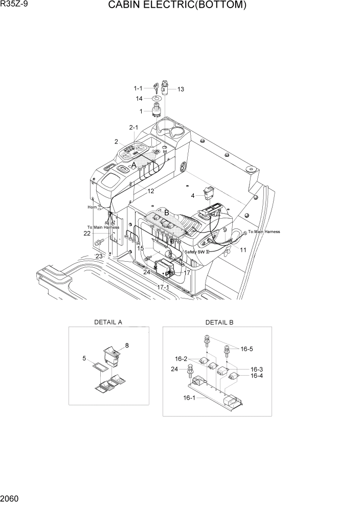 Схема запчастей Hyundai R35Z9 - PAGE 2060 CABIN ELECTRIC(BOTTOM) ЭЛЕКТРИЧЕСКАЯ СИСТЕМА
