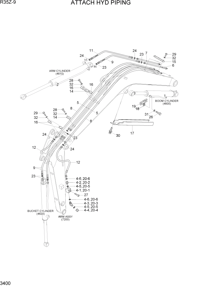 Схема запчастей Hyundai R35Z9 - PAGE 3400 ATTACH HYD PIPING ГИДРАВЛИЧЕСКАЯ СИСТЕМА