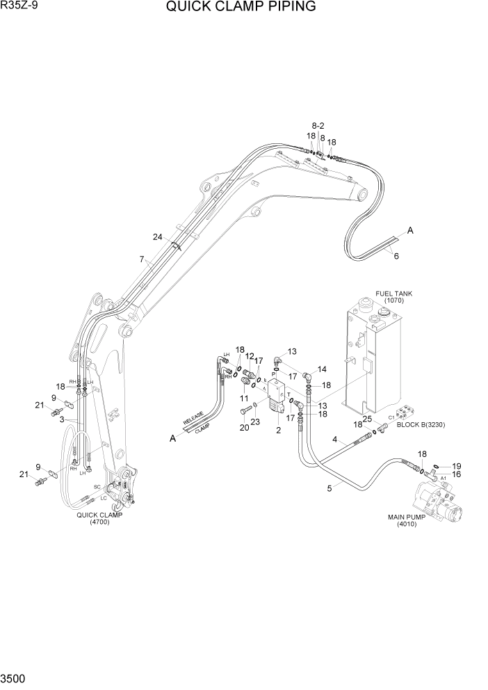 Схема запчастей Hyundai R35Z9 - PAGE 3500 QUICK CLAMP PIPING ГИДРАВЛИЧЕСКАЯ СИСТЕМА