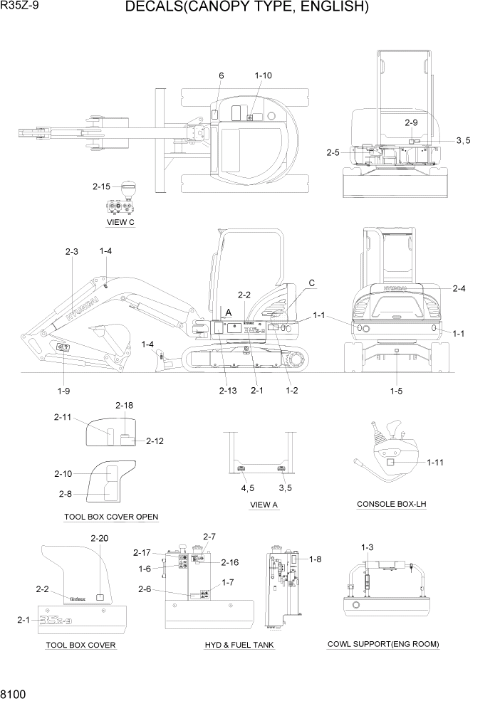 Схема запчастей Hyundai R35Z9 - PAGE 8100 DECALS(CANOPY TYPE, ENGLISH) РАЗНОЕ