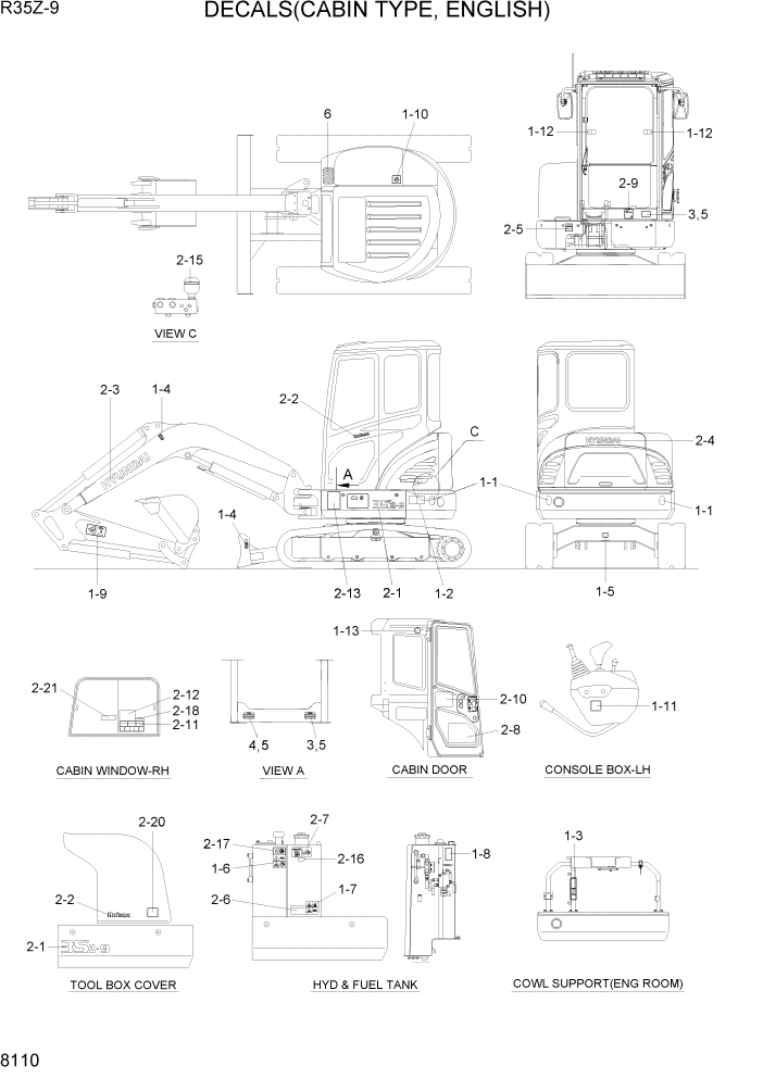 Схема запчастей Hyundai R35Z9 - PAGE 8110 DECALS(CABIN TYPE, ENGLISH) РАЗНОЕ