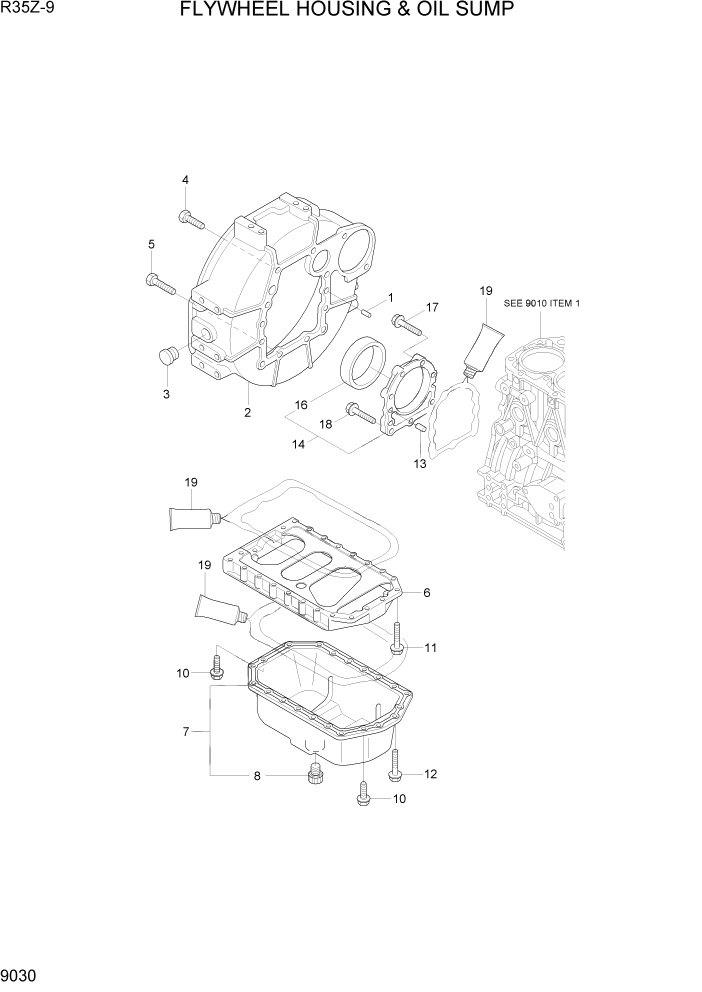 Схема запчастей Hyundai R35Z9 - PAGE 9030 FLYWHEEL HOUSING & OIL SUMP ДВИГАТЕЛЬ БАЗА