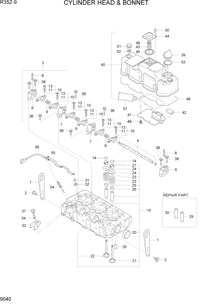 Схема запчастей Hyundai R35Z9 - PAGE 9040 CYLINDER HEAD & BONNET ДВИГАТЕЛЬ БАЗА