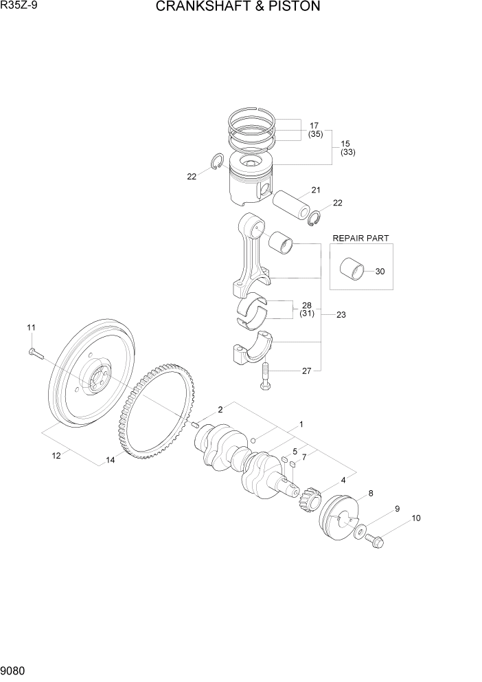 Схема запчастей Hyundai R35Z9 - PAGE 9080 CRANKSHAFT & PISTON ДВИГАТЕЛЬ БАЗА
