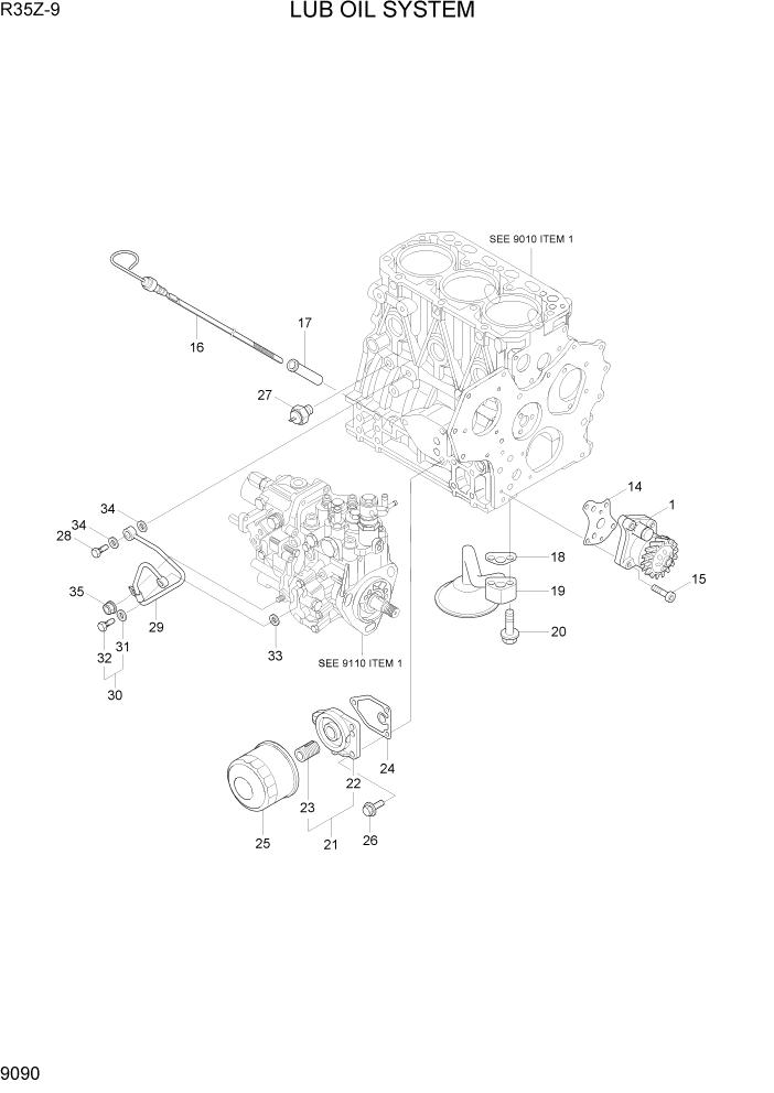 Схема запчастей Hyundai R35Z9 - PAGE 9090 LUB OIL SYSTEM ДВИГАТЕЛЬ БАЗА