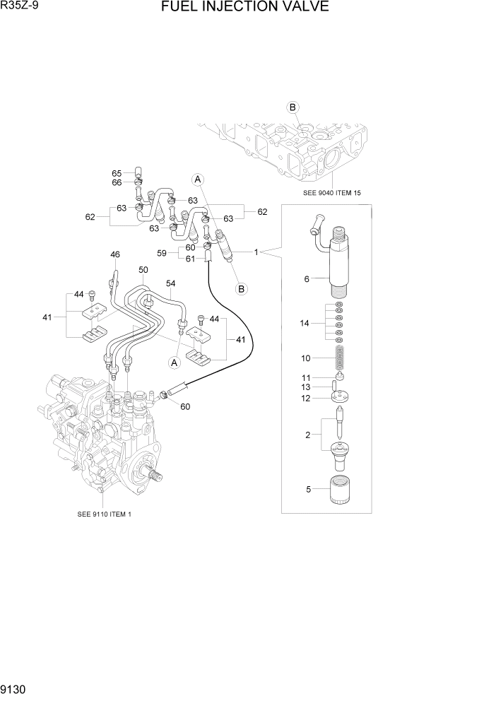 Схема запчастей Hyundai R35Z9 - PAGE 9130 FUEL INJECTION VALVE ДВИГАТЕЛЬ БАЗА