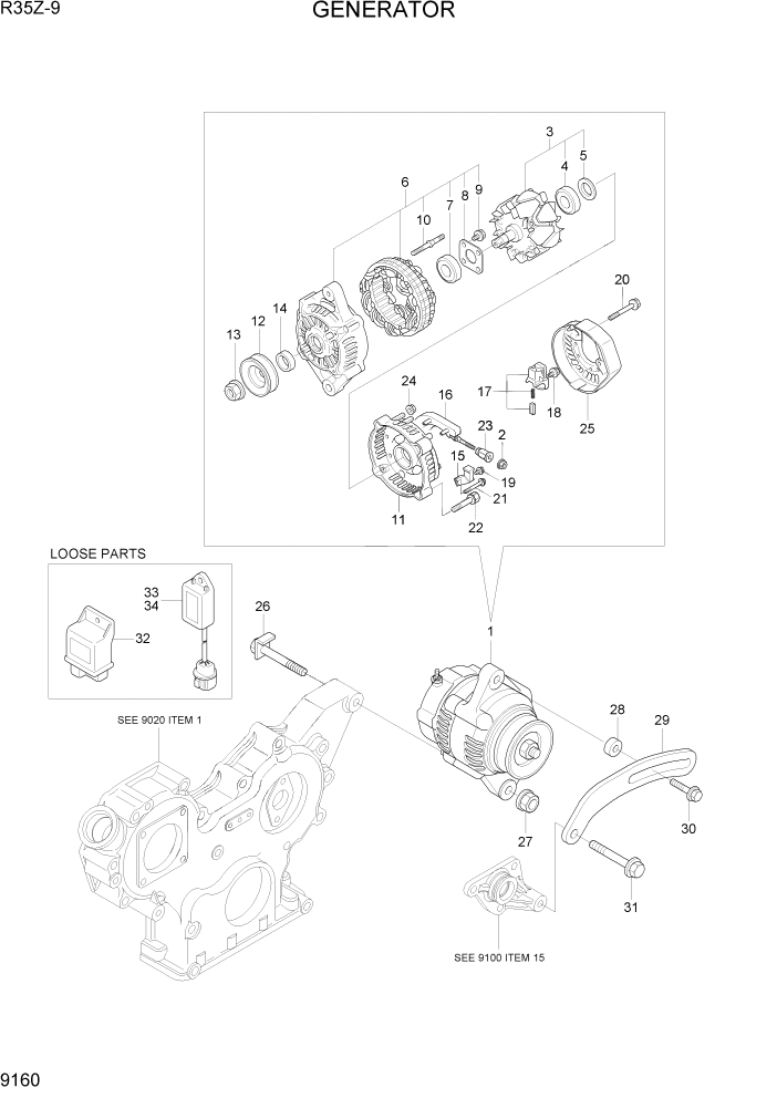 Схема запчастей Hyundai R35Z9 - PAGE 9160 GENERATOR ДВИГАТЕЛЬ БАЗА