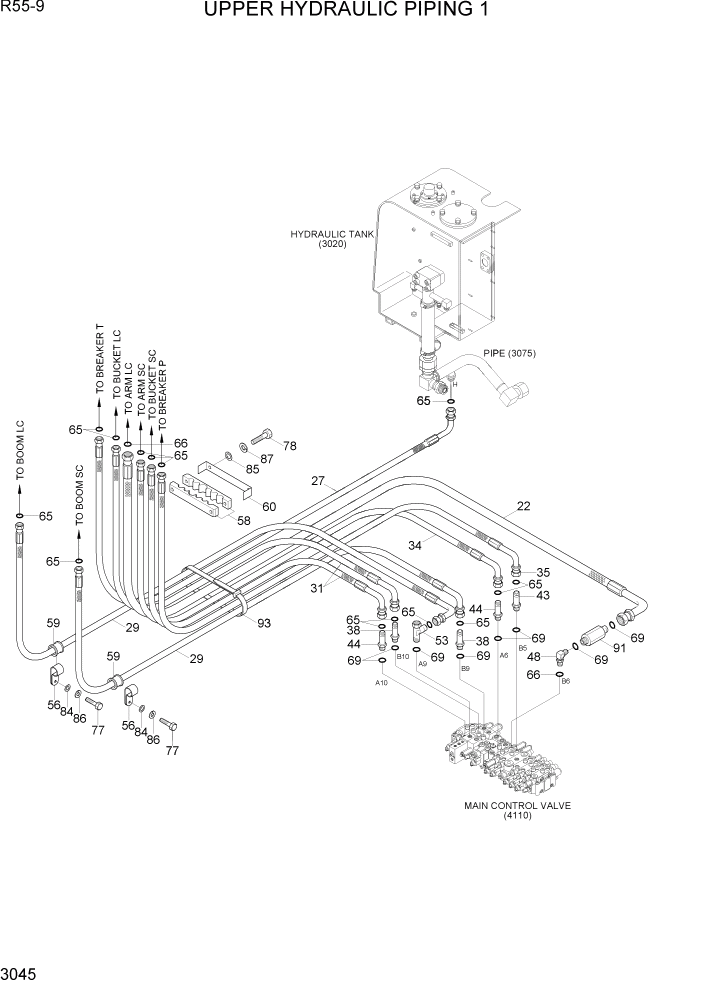 Схема запчастей Hyundai R55-9 - PAGE 3045 UPPER HYDRAULIC PIPING 1 ГИДРАВЛИЧЕСКАЯ СИСТЕМА