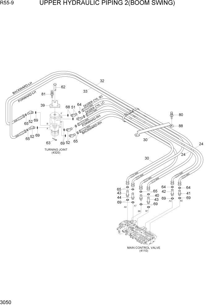 Схема запчастей Hyundai R55-9 - PAGE 3050 UPPER HYDRAULIC PIPING 2(BOOM SWING) ГИДРАВЛИЧЕСКАЯ СИСТЕМА