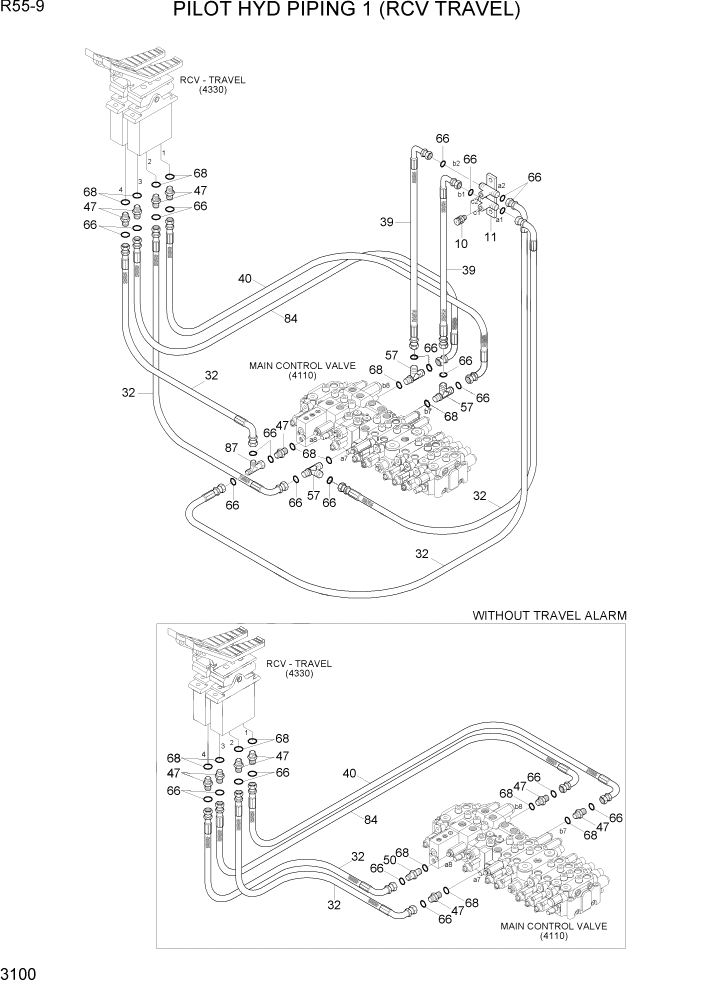 Схема запчастей Hyundai R55-9 - PAGE 3100 PILOT HYD PIPING 1 (RCV TRAVEL) ГИДРАВЛИЧЕСКАЯ СИСТЕМА