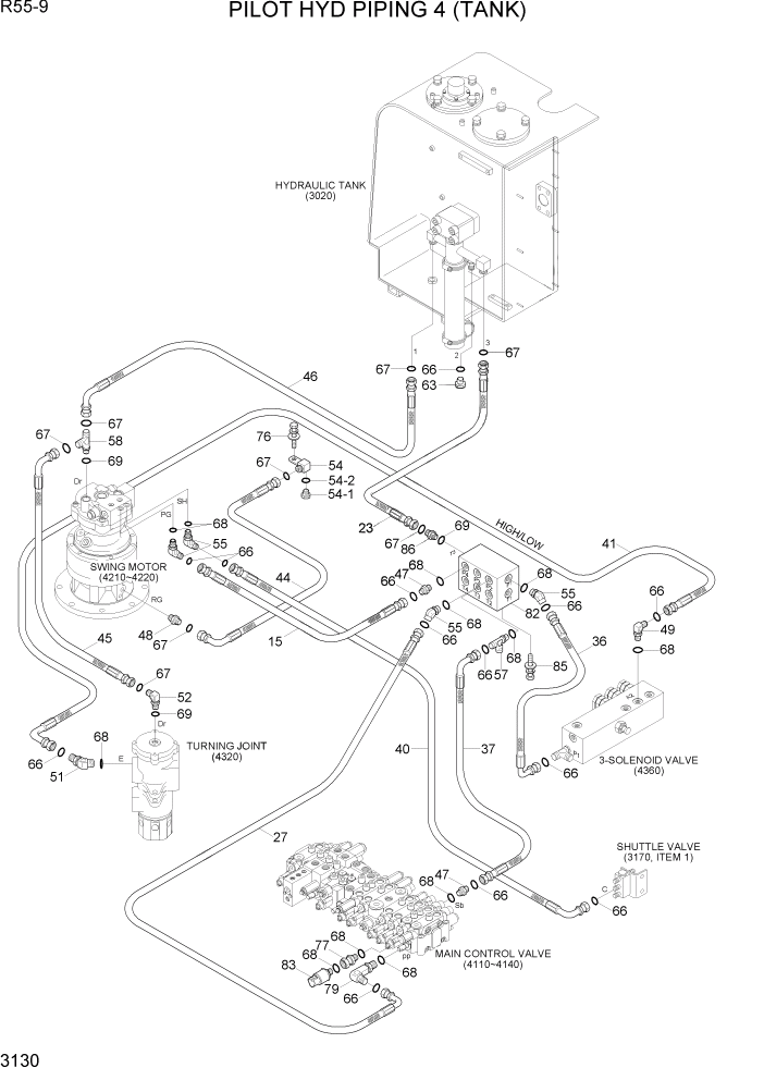 Схема запчастей Hyundai R55-9 - PAGE 3130 PILOT HYD PIPING 4 (TANK) ГИДРАВЛИЧЕСКАЯ СИСТЕМА
