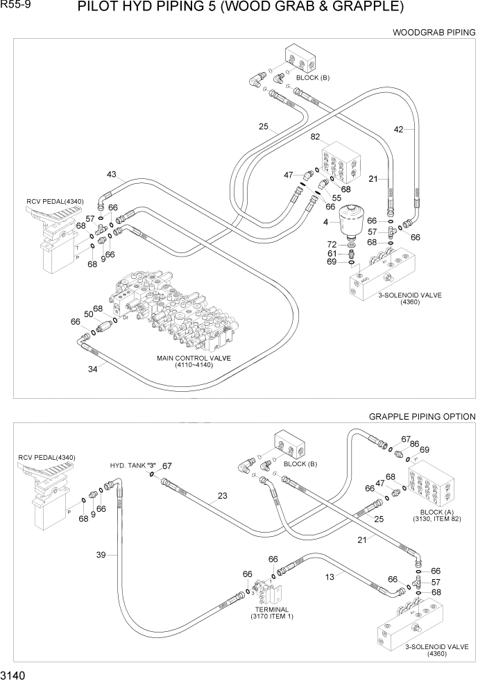 Схема запчастей Hyundai R55-9 - PAGE 3140 PILOT HYD PIPING 5 (WOODGRAB & GRAPPLE) ГИДРАВЛИЧЕСКАЯ СИСТЕМА