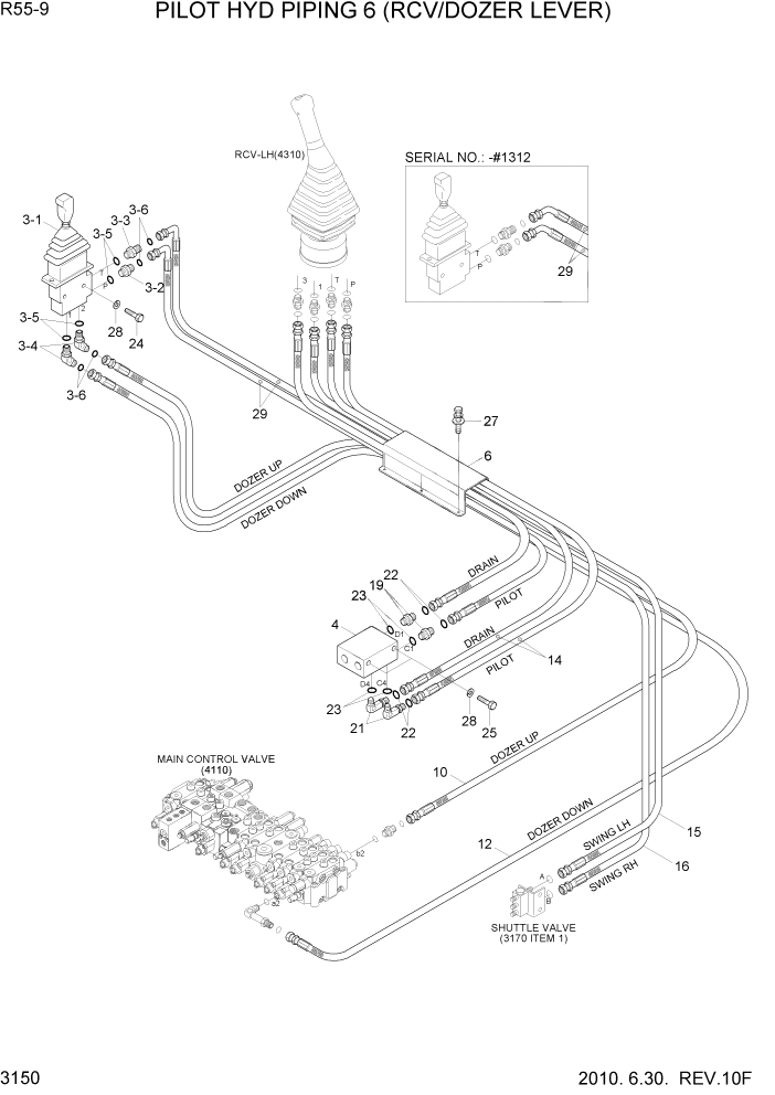 Схема запчастей Hyundai R55-9 - PAGE 3150 PILOT HYD PIPING 6 (RCV/DOZER LEVER) ГИДРАВЛИЧЕСКАЯ СИСТЕМА