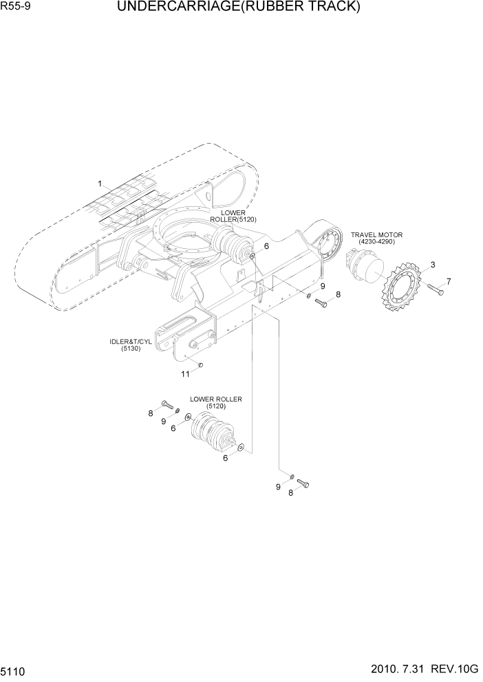 Схема запчастей Hyundai R55-9 - PAGE 5110 UNDERCARRIAGE(RUBBER TRACK) ХОДОВАЯ ЧАСТЬ
