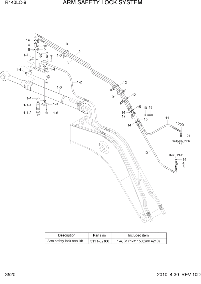 Схема запчастей Hyundai R140LC9 - PAGE 3520 ARM SAFETY LOCK SYSTEM ГИДРАВЛИЧЕСКАЯ СИСТЕМА