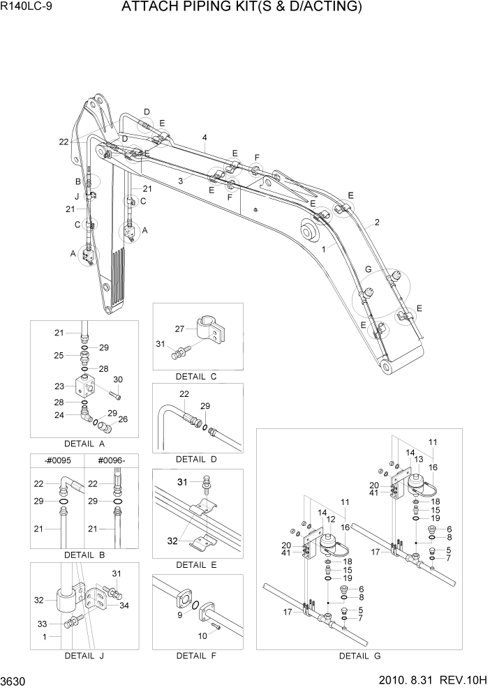 Схема запчастей Hyundai R140LC9 - PAGE 3630 ATTACH PIPING KIT(S & D/ACTING) ГИДРАВЛИЧЕСКАЯ СИСТЕМА