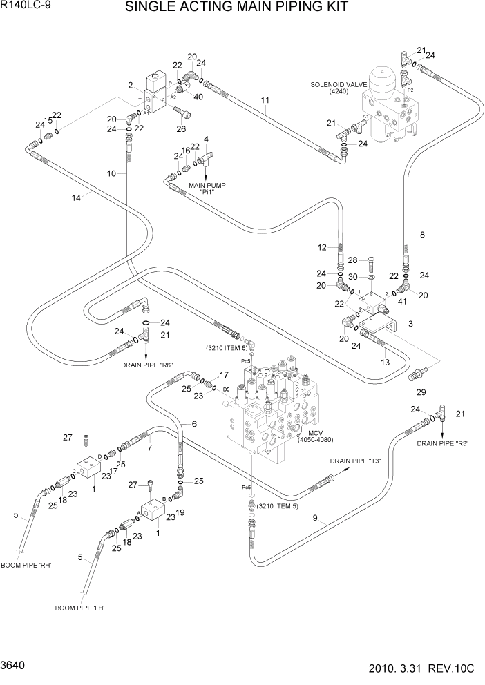 Схема запчастей Hyundai R140LC9 - PAGE 3640 SINGLE ACTING MAIN PIPING KIT ГИДРАВЛИЧЕСКАЯ СИСТЕМА