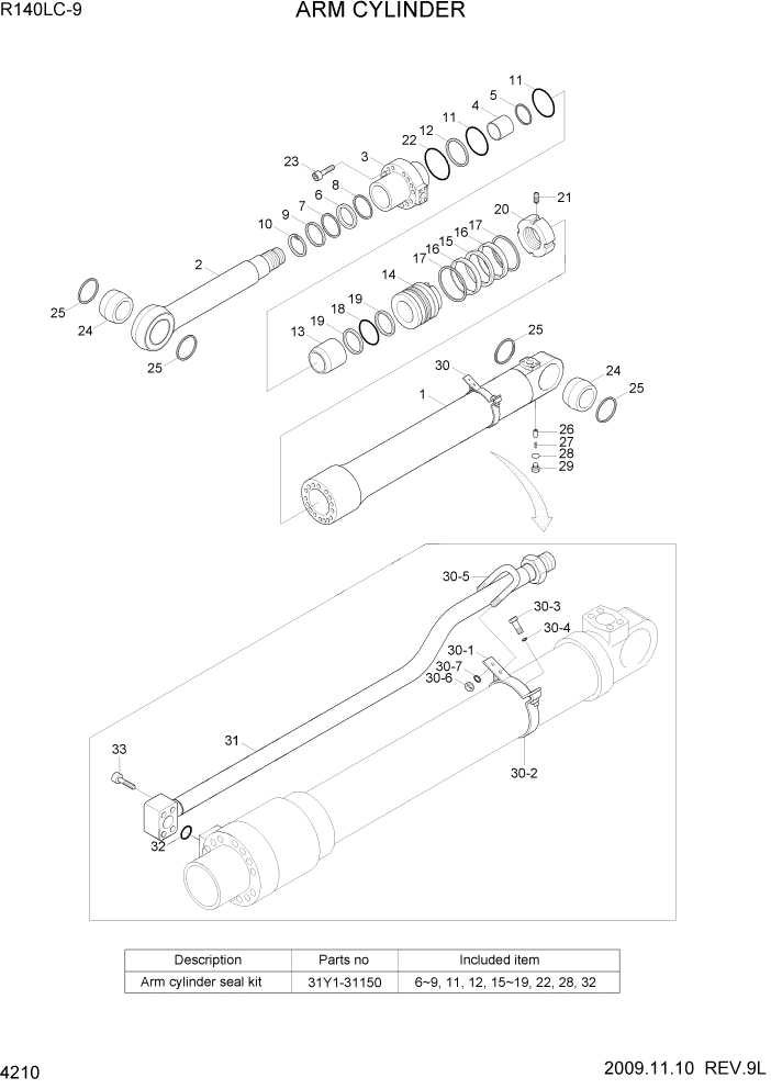 Схема запчастей Hyundai R140LC9 - PAGE 4210 ARM CYLINDER ГИДРАВЛИЧЕСКИЕ КОМПОНЕНТЫ