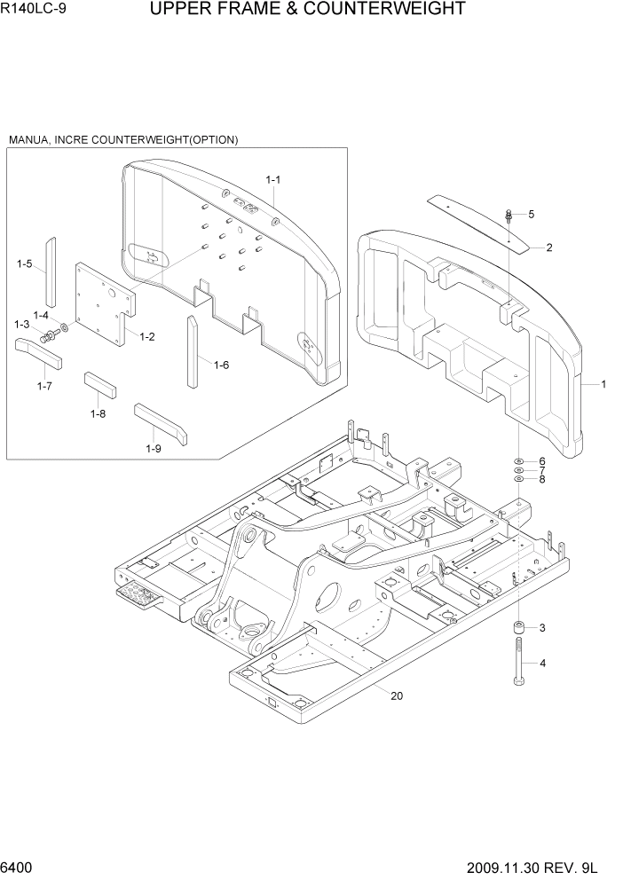 Схема запчастей Hyundai R140LC9 - PAGE 6400 UPPER FRAME & COUNTERWEIGHT СТРУКТУРА