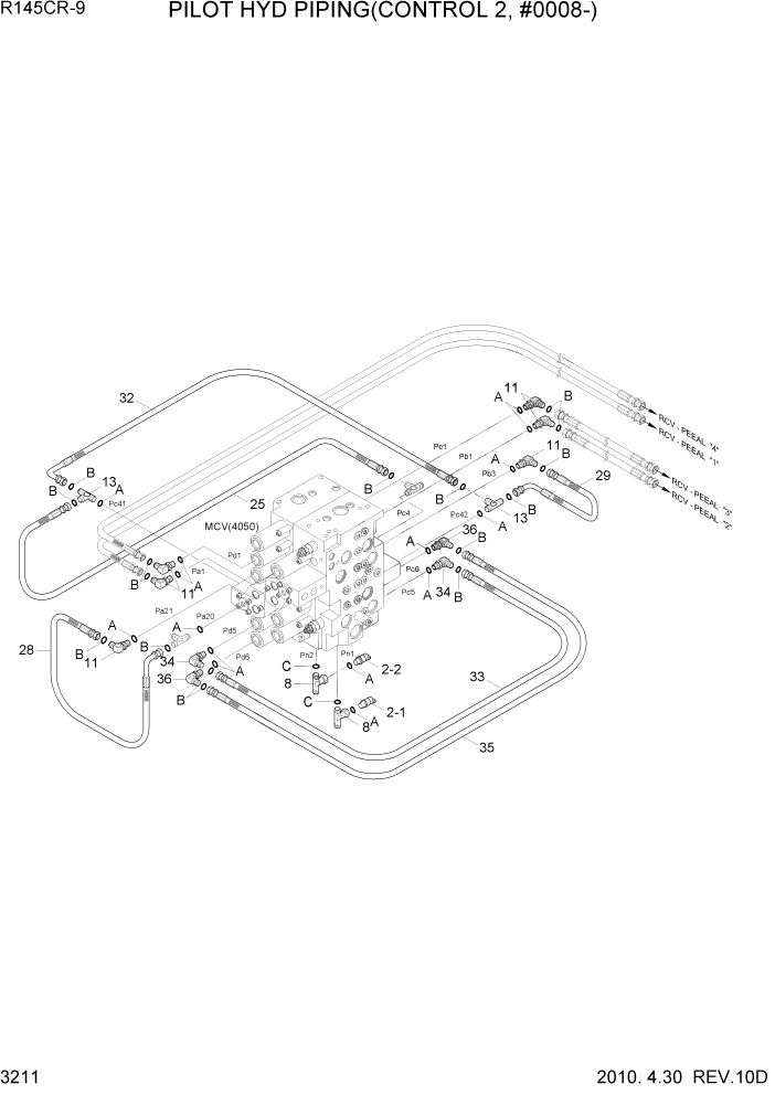 Схема запчастей Hyundai R145CR9 - PAGE 3211 PILOT HYD PIPING(CONTROL 2, #0008-) ГИДРАВЛИЧЕСКАЯ СИСТЕМА
