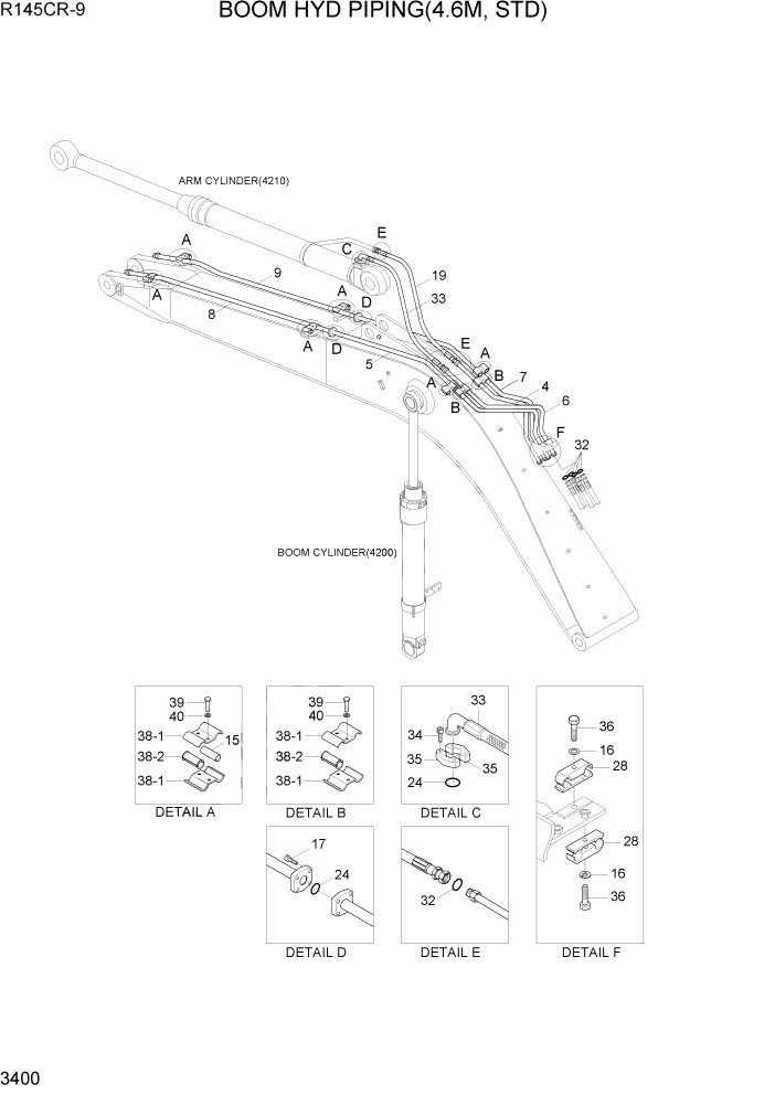 Схема запчастей Hyundai R145CR9 - PAGE 3400 BOOM HYD PIPING(4.6M, STD) ГИДРАВЛИЧЕСКАЯ СИСТЕМА
