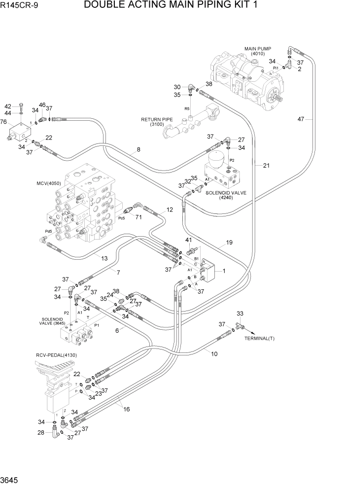 Схема запчастей Hyundai R145CR9 - PAGE 3645 DOUBLE ACTING MAIN PIPING KIT 1 ГИДРАВЛИЧЕСКАЯ СИСТЕМА