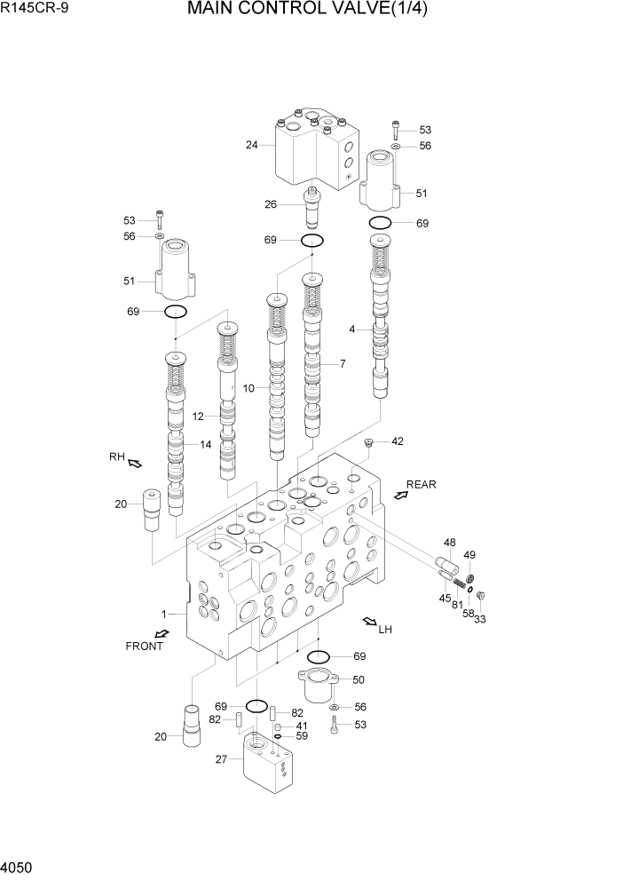 Схема запчастей Hyundai R145CR9 - PAGE 4050 MAIN CONTROL VALVE(1/4) ГИДРАВЛИЧЕСКИЕ КОМПОНЕНТЫ