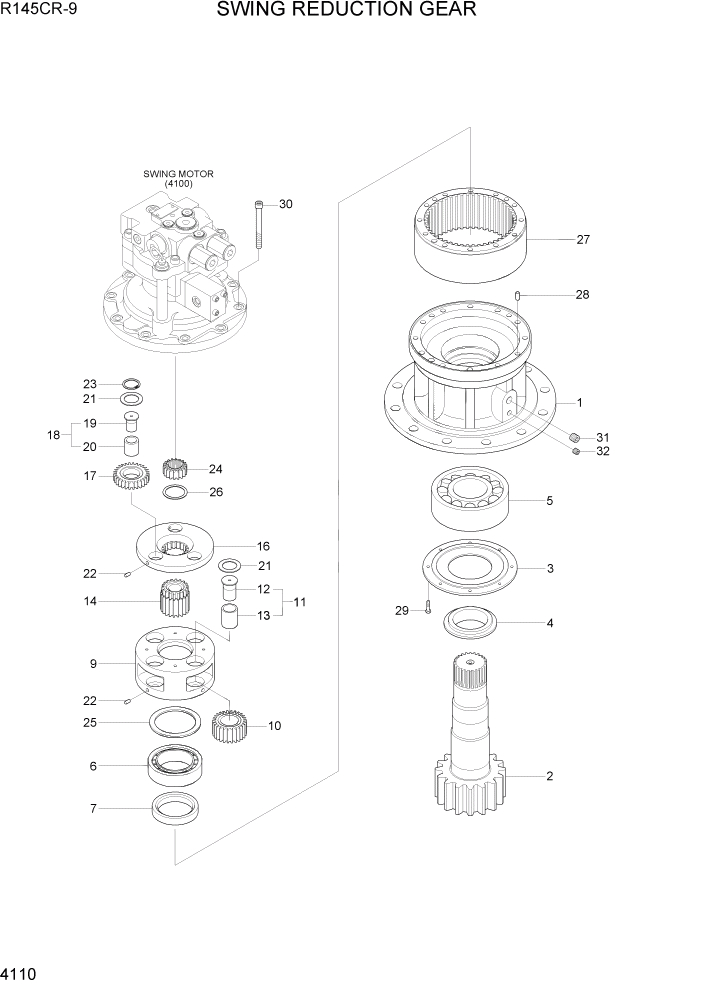 Схема запчастей Hyundai R145CR9 - PAGE 4110 SWING REDUCTION GEAR ГИДРАВЛИЧЕСКИЕ КОМПОНЕНТЫ