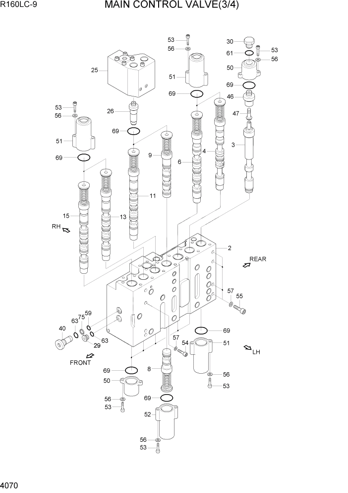 Схема запчастей Hyundai R160LC9 - PAGE 4070 MAIN CONTROL VALVE(3/4) ГИДРАВЛИЧЕСКИЕ КОМПОНЕНТЫ