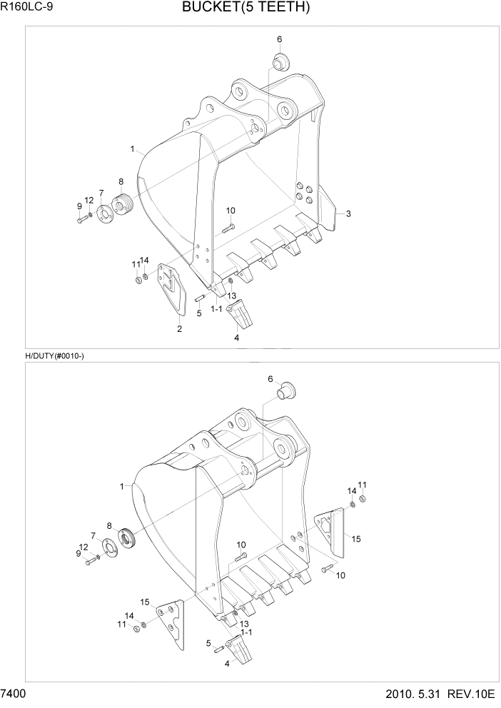 Схема запчастей Hyundai R160LC9 - PAGE 7400 BUCKET(5 TEETH) РАБОЧЕЕ ОБОРУДОВАНИЕ