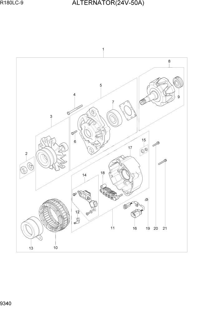Схема запчастей Hyundai R180LC9 - PAGE 9340 ALTERNATOR (24V-50A) ДВИГАТЕЛЬ БАЗА