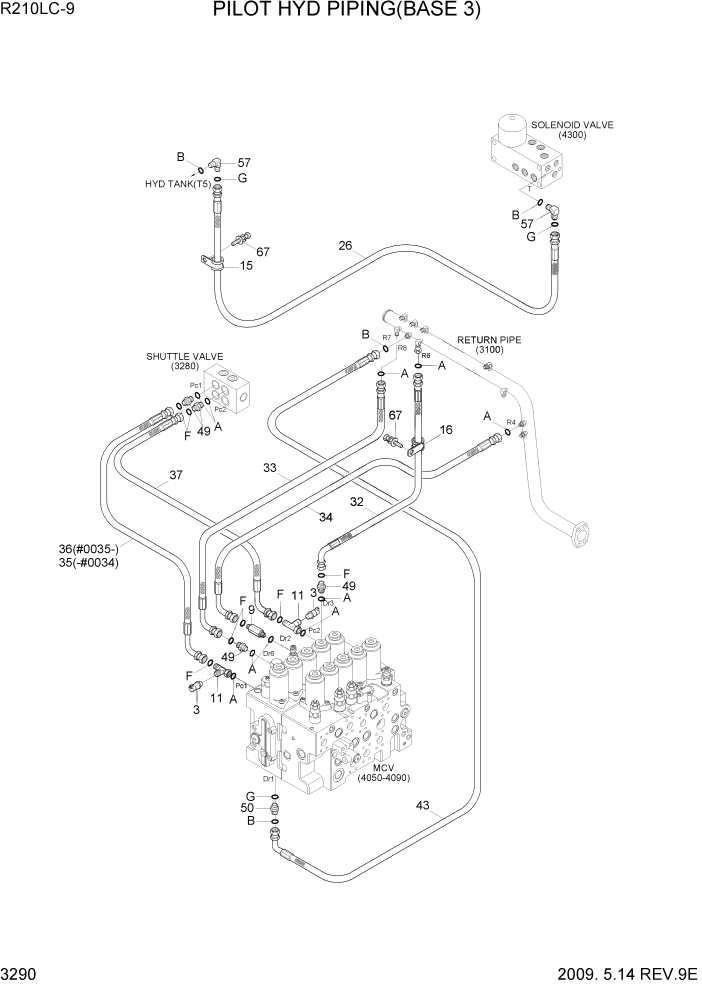 Схема запчастей Hyundai R210LC9 - PAGE 3290 PILOT HYD PIPING(BASE 3) ГИДРАВЛИЧЕСКАЯ СИСТЕМА