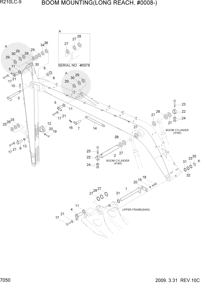 Схема запчастей Hyundai R210LC9 - PAGE 7050 BOOM MOUNTING(LONG REACH, #0008-) РАБОЧЕЕ ОБОРУДОВАНИЕ