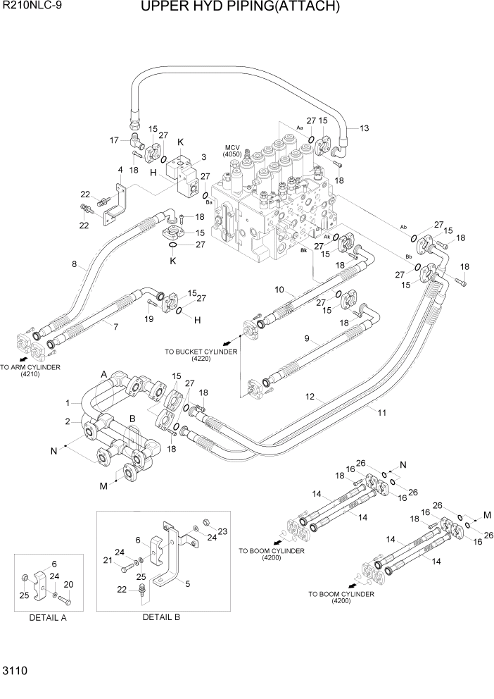 Схема запчастей Hyundai R210NLC9 - PAGE 3110 UPPER HYD PIPING(ATTACH) ГИДРАВЛИЧЕСКАЯ СИСТЕМА