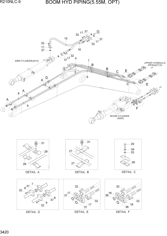 Схема запчастей Hyundai R210NLC9 - PAGE 3420 BOOM HYD PIPING(5.55M, OPT) ГИДРАВЛИЧЕСКАЯ СИСТЕМА