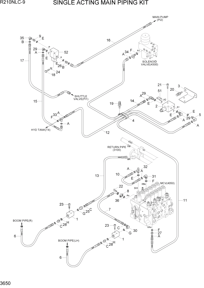 Схема запчастей Hyundai R210NLC9 - PAGE 3650 SINGLE ACTING MAIN PIPING KIT ГИДРАВЛИЧЕСКАЯ СИСТЕМА