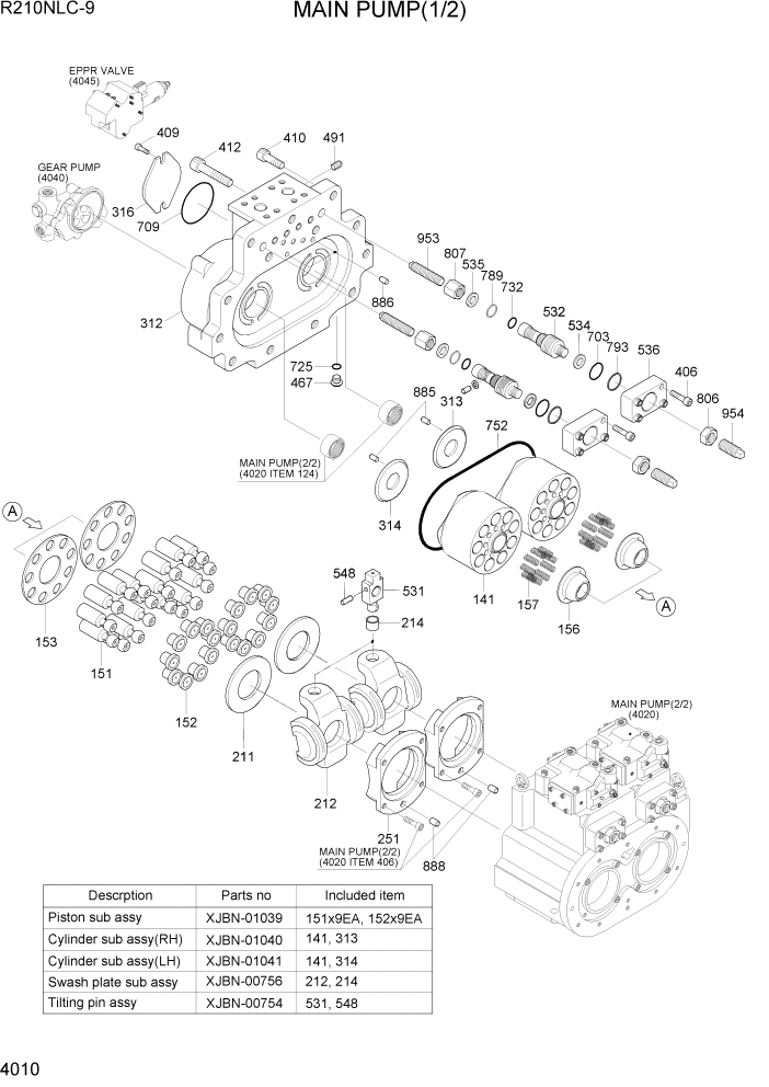 Схема запчастей Hyundai R210NLC9 - PAGE 4010 MAIN PUMP(1/2) ГИДРАВЛИЧЕСКИЕ КОМПОНЕНТЫ