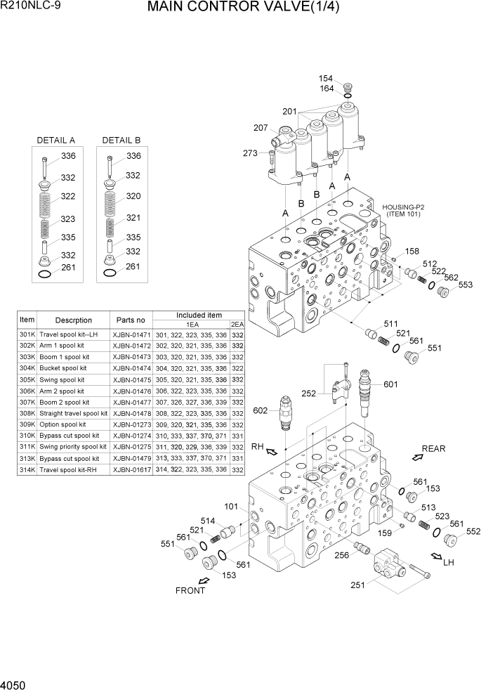 Схема запчастей Hyundai R210NLC9 - PAGE 4050 MAIN CONTROL VALVE(1/4) ГИДРАВЛИЧЕСКИЕ КОМПОНЕНТЫ