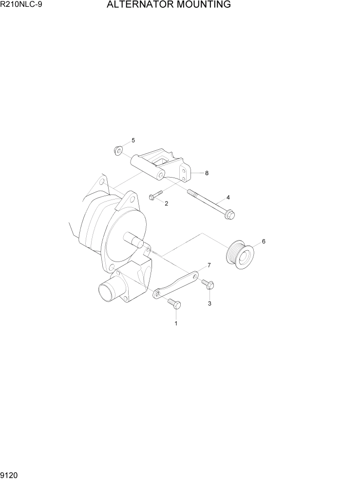 Схема запчастей Hyundai R210NLC9 - PAGE 9120 ALTERNATOR MOUNTING ДВИГАТЕЛЬ БАЗА