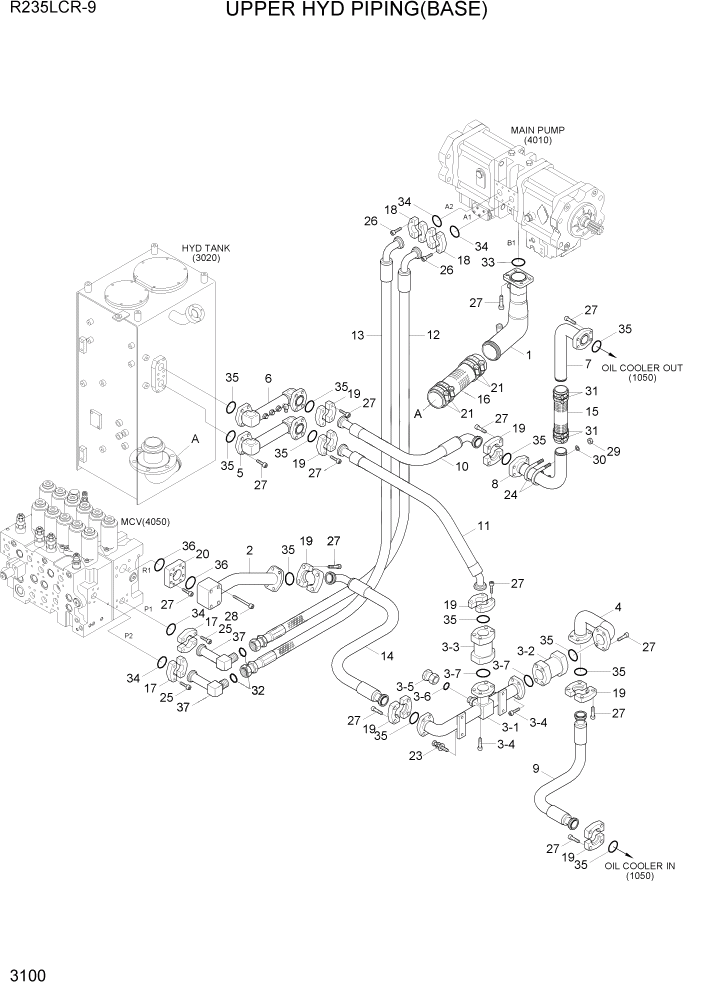 Схема запчастей Hyundai R235LCR9 - PAGE 3100 UPPER HYD PIPING(BASE) ГИДРАВЛИЧЕСКАЯ СИСТЕМА