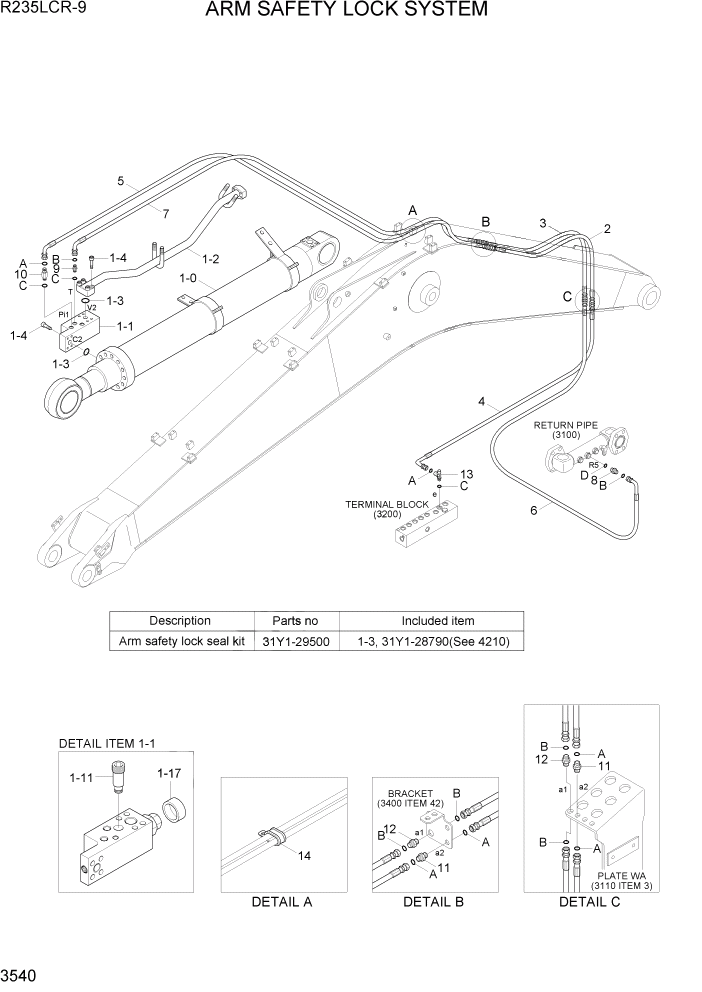 Схема запчастей Hyundai R235LCR9 - PAGE 3540 ARM SAFETY LOCK SYSTEM ГИДРАВЛИЧЕСКАЯ СИСТЕМА