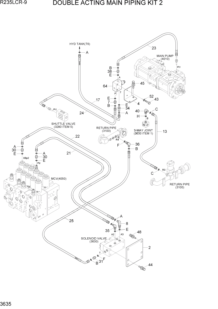 Схема запчастей Hyundai R235LCR9 - PAGE 3635 DOUBLE ACTING MAIN PIPING KIT 2 ГИДРАВЛИЧЕСКАЯ СИСТЕМА