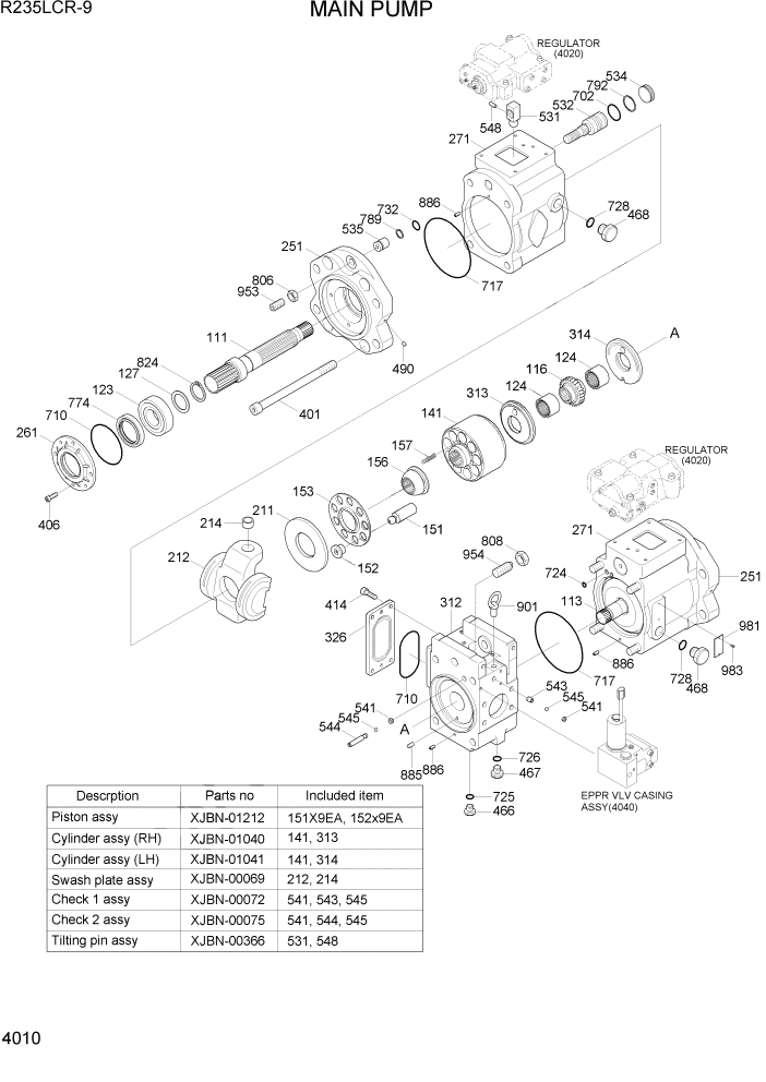 Схема запчастей Hyundai R235LCR9 - PAGE 4010 MAIN PUMP ГИДРАВЛИЧЕСКИЕ КОМПОНЕНТЫ