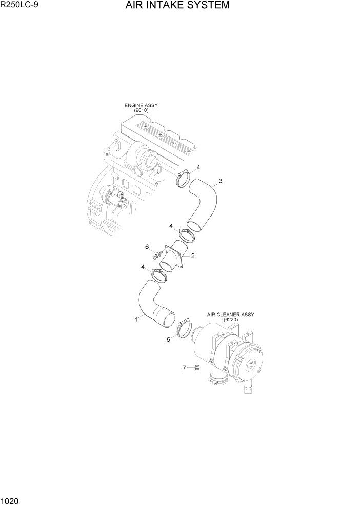 Схема запчастей Hyundai R250LC9 - PAGE 1020 AIR INTAKE SYSTEM СИСТЕМА ДВИГАТЕЛЯ
